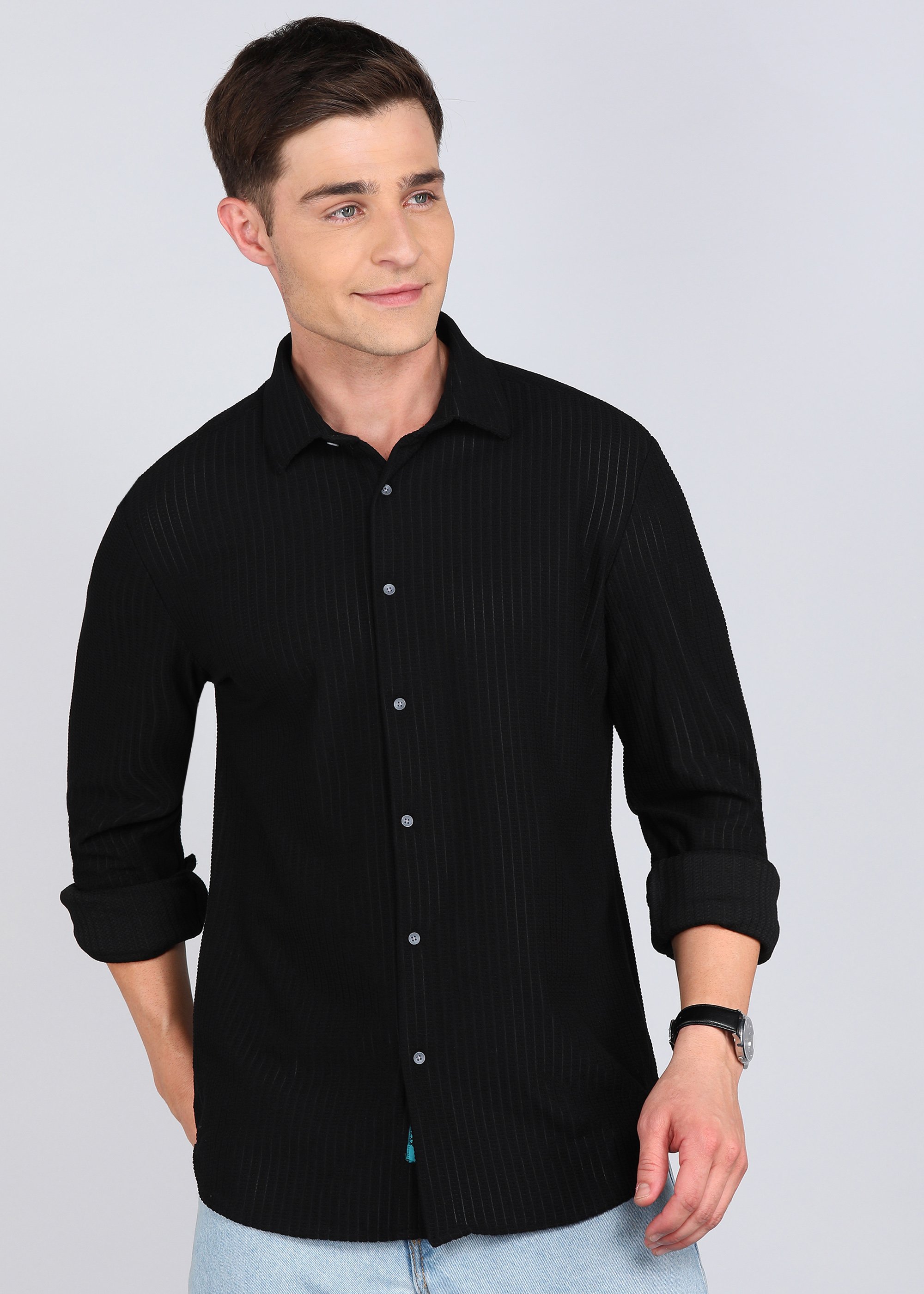 Men Striped Casual Black Shirt
